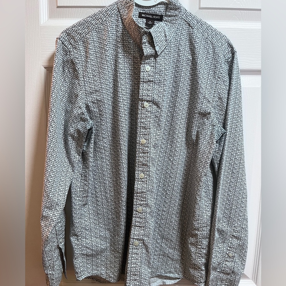 Michael Kors Monogram Logo All Over Print Button Up Shirt Medium Slim Fit